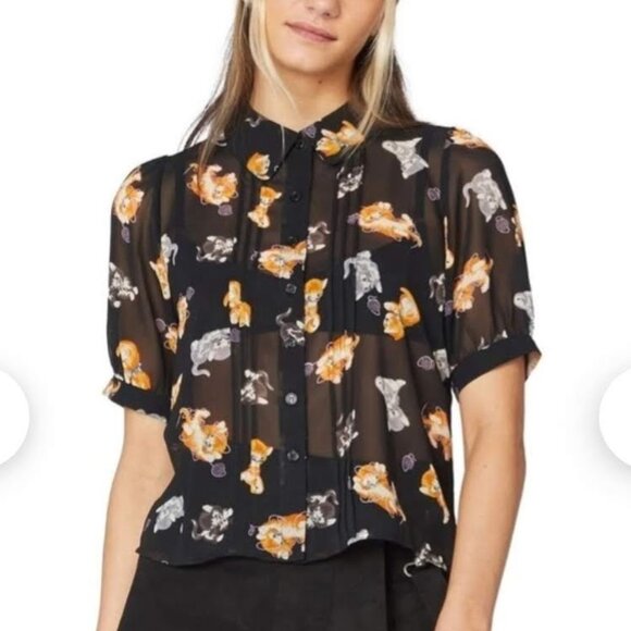 Cute Retro Cat Print Button-Up Top AU 8 - Picture 1 of 7